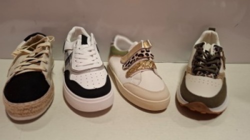 20 X BRAND NEW MIXED WOMENS SHOES LOT CONTAINING TRAINERS IN BLACK/CAMEL IN SIZE 36 , TRAINERS IN BLACK/MULTI IN SIZE 38 , CHC SHOES TRAINERS IN BLACK/BEIGE IN SIZE 39 ETC ON HALF A SHELF