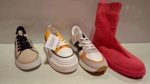 20 X BRAND NEW MIXED WOMENS SHOES LOT CONTAINING MARQUIIZ TRAINERS IN WHITE IN SIZE 40 , IDEAL SHOES TRAINERS IN WHITE/MULTI IN SIZE 38 , LACELESS TRAINERS IN PEACH IN SIZE 39 ETC ON HALF A SHELF
