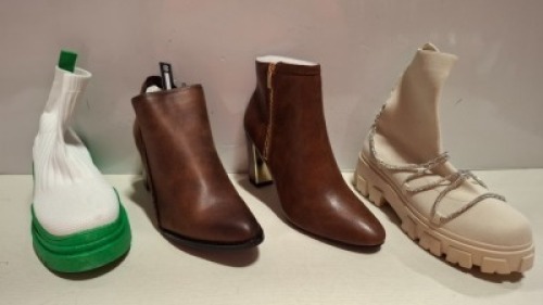 28 X BRAND NEW MIXED WOMENS SHOES LOT CONTAINING CONTRASTED SOLE KNITTED ANKLE BOOTS IN WHITE/GREEN IN SIZE 37 , GEEO BLOCK HEEL BOOTS IN BROWN IN SIZE 41 , DUNION BOOTS IN WHITE/GREEN IN SIZE 37 ETC ON A SHELF