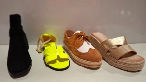 30 X BRAND NEW MIXED WOMENS SHOES LOT CONTAINING QUEEN X SANDALS IN BLUE/MULTI IN SIZE 36 , ZONE 3 FLAT SHOES IN NEON YELLOW IN SIZE UK 3 , STEPHAN PARIS HEELED BOOTS IN BLACK IN SIZE 38 ETC ON A SHELF