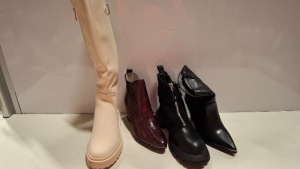 29 X BRAND NEW MIXED WOMENS SHOES LOT CONTAINING BESTELLE BOOTS WITH STRAP IN BLACK IN SIZE 36 , KRUSH HEELED BOOTS IN OX BLOOD PATENT IN SIZE 36 , SIXTH SENS COLLECTION HEELED SHOES IN CAMEL IN SIZE 37 ETC ON A SHELF