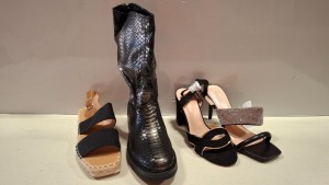 35 X BRAND NEW MIXED WOMENS SHOES LOT CONTAINING BELLUCCI SANDALS IN BLACK IN SIZE UK 4 , SUPER MODE BOOTS IN BLACK IN SIZE 37 , QUEEN VIVI HIGH HEELS IN BLACK IN SIZE 36 ETC ON A SHELF