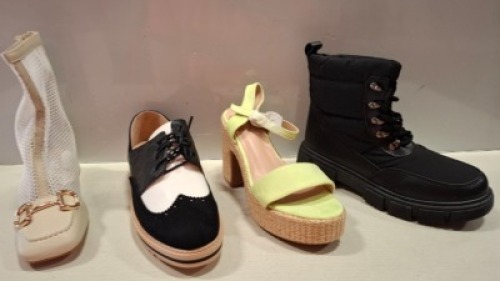 28 X BRAND NEW MIXED WOMENS SHOES LOT CONTAINING CHC SHOES IN BLACK IN SIZE UK 7 , MARQUIIZ BLOCK HEELS IN GREEN IN SIZE 38 , U,DESIRED BOOTS IN BEIGE IN SIZE 37 ETC ON A SHELF