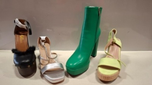 28 X BRAND NEW MIXED WOMENS SHOES LOT CONTAINING QUEEN VIVI ENCRUSTED CUT OUT WEDGE SANDALS IN BLACK IN SIZE 36 , BELLUCCI SANDALS IN SILVER IN SIZE 38 , U.DESIRED BOOTS IN BEIGE IN SIZE 36 ETC ON A SHELF