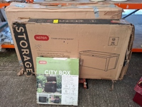 3 X MIXED STORAGE BOXES LOT CONTAINING 1 GREY / BLACK IN SIZE 1481 X 880 X 238 , 1 IN BLACK IN SIZE 416 LITRES , 1 CITY BOX IN BLACK IN SIZE L 57.8 X W 44 X H 55 CM IN THREE BOXES (NOTE CUSTOMER RETURNS IN UNKNOWN CONDITION )