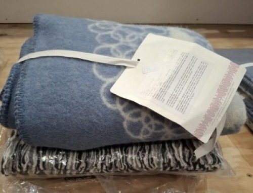 3 X BRAND NEW WOOL BLANKET LOT CONTAINING 1 KILI DESIGN MASARU SUZUKI BLANKET IN SIZE 90 X 130 1 HAY GREY BLANKET 100% MERINO WOOL IN SIZE 145 X 215 CM 1 CORONA DESIGN MARJA RAUTIAINEN WOOL BLANKET IN SIZE 130 X 170 CM - RRP EACH &pound;150