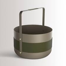 2 X BRAND NEW LOT CONTAINING ELDVARM EMMA WOOD BASKET IN LIGHT GREEN GREY POWDER - COATED STEEL BASE WITH VEGETABLE - TANNED NATUREL BEIGE LEATHER AND DETAILS IN SOLID BRASS IN SIZE 42 X 49 CM - RRP £773 - AND 1 LANTERN EMMA IN LICHEN IN SIZE 15.5 X 22 CM
