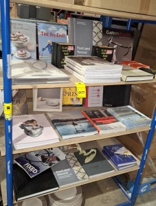 50 X BRAND NEW MIXED BOOKS LOT CONTAINING GEORG JENSEN REFLECTIONS , MODERN BRITISH FURNITURE DESIGN SINCE 1945 , CUSTOM BICYCLES, PASSIONATE PURSUIT REVISED EDITION ETC ON 3 SHELVES