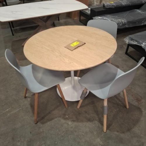 1 X HYBRID LOT CONTAINING ROUND TABLE WITH OAK TOP IN SIZE DIAM 100 CM WITH METAL BASE IN WHITE AND 3 HAY 2.0 MATT LACQUERED OAK CHAIRS - RRP EACH &pound;200