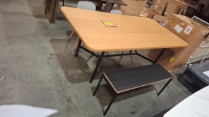 1 X HYBRID LOT CONTAINING 1 DINING TABLE IN OAK WITH METAL LEGS IN BLACK IN SIZE L 200 X W 100 X H 77 CM AND 1 BENCH IN BLACK WITH METAL LEGS IN SIZE W 109 X W 32 X H 43 CM AND 2 SKANDIUM LANGUE ORIGINAL DINING CHAIRS IN NATURAL IN SIZE W 50 X D 51 X H 7