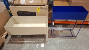 2 X MIXED LOT CONTAINING ONE BRAND NEW FERM LIVING PLANT BOX IN BLUE IN POWDER COATED STEEL IN SIZE W 60 X H 65 X D 25 CM - RRP £235 - AND ONE NOT BRAND NEW FERM LIVING PLANT BOX LARGE FLOWER BOX IN CASHMERE IN POWDER COATED METAL ( NOTE HAS DAMAGED TO CO