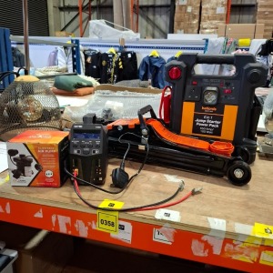 5 X MIXED VEHICLE LOT TO CONTAIN VEHICLE RADIATOR (UNTESTED), HALFORDS 2 TONNE HYDRAULIC TROLLEY JACK, 6 IN 1 JUMP STARTER POWER PACK 650AMP/100WATT, CROSS COUNTRY ELECTRIC AIR PUMP, SKYRC T200 DUAL-CHANNEL BATTERY CHARGER