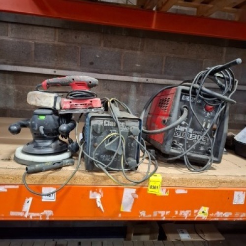 4 X MIXED TOOLS LOT CONTAINING, SKIL ORBITAL SANDER, HALFORDS CAR POLISHER, CLARKE WELD EASI ARC 190N VEHICLE WELDING MACHINE, CLARKE WELD MIG 130EN TURBO VEHICLE WELDING MACHINE