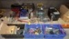 100+ MIXED WORKSHOP EQUIPMENT LOT CONTAINING 5 HEAVY DUTY WRENCHES LARGE BOX OF HAMMERS/ COMBINATION SPANNERS/PRY BARS , WORKBENCH VICE , BENCH GRINDER UV FLASHLIGHT ETC IN 3 TRAYS AND HALF A BAY
