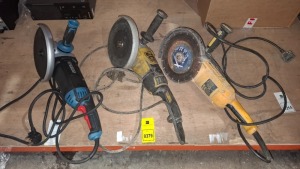 3 X MIXED 9 INCH ANGLE GRINDERS LOT CONTAINING ONE DEWALT , ONE JSB , ERBAUER - ALL 230 V