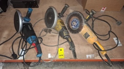 3 X MIXED 9 INCH ANGLE GRINDERS LOT CONTAINING ONE DEWALT , ONE JSB , ERBAUER - ALL 230 V