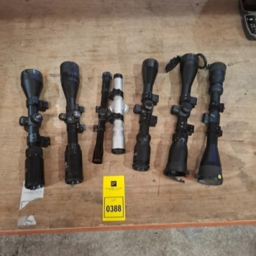 7 X VARIOUS SCOPES LOT CONTAINING PRO 3-9X50 ILLUMINATED MIL-DOT , STOEGER AIRGUNS 3-9 X 40A0 , HAWKE SPORT HD 3-9 X 40 MAP , ENDURANCE 3-10 X 44 , PAT PEND DWC 39 X 40 ETC