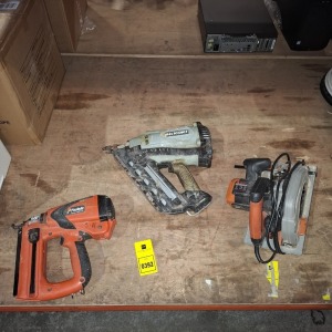 3 X MIXED TOOL LOT CONTAINING PASLODE IM65A F16 CORDLESS NAIL GUN , NR90GC2 CLIPPED HEAD STRIP NAILER AND ONE EVOLUTION R185 CCSL MUTI-MATERIAL CUTTING SAW