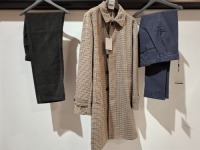 15 X BRAND NEW DAN JOHN CLOTHING LOT CONTAINING, 4 JACKETS IN BROWN AND WHITE IN MIXED SIZES, 11 TROUSERS IN ASSORTED SIZE AND COLOUR, ON A RAIL