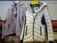 2 X WOMENS JACKETS CONTAINING 1 NORDBERG JACKET IN PURPLE IN A LARGE AND 1 MICHAEL KORS JACKET IN WHITE IN SIZE MEDIUM (NOTE - AUTHENTICITY UNKNOWN)