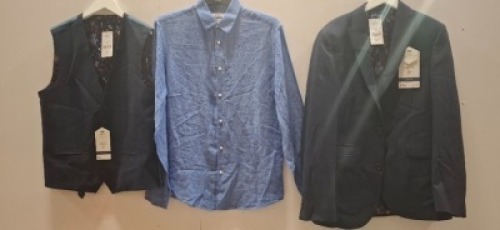 30 X MIXED CLOTHING LOT CONTAINING 3 NEXT TAILORING WAIST COAT IN NAVY IN SIZES 36R,40R,42R , NEXT TOTAL SUIT JACKET IN NAVY IN SIZE 38 R AND 42 R , NEXT TAILORING TROUSERS IN SIZE 36 R ETC IN ONE TRAY AND RAIL