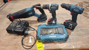 5 X ERBAUER CORDLESS TOOLS LOT CONTAINING RECIPROCATING SAW ERS18-LI , 2 COMBI DRILLS ECD-LI-2 , ONE CHARGER AND ONE MULTI - PURPOSE DRILL BITS IN BOX
