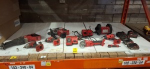 15 X MIXED MILWAUKEE TOOL LOT CONTAINING 1 HAMMER DRILL , 1 RECIPROCATING SAW , 1 ANGLE GRINDER , 1 IMPACT WRENCH , IMPACT SCREWDRIVER , TWO BATTERY CHARGERS , 1 HOT AIR GUN , FLOOD LIGHT , 1 90-DEGREE ANGLE SCREWDRIVER ATTACHMENT AND 5 VARIOUS BATTERIE