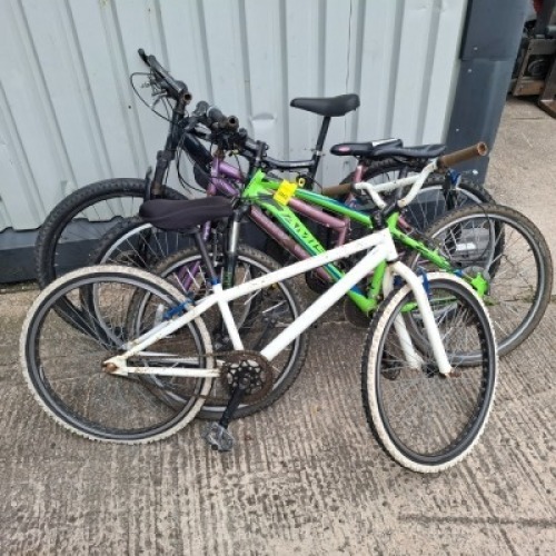 4 X MIXED BIKES LOT CONTAINING 1 GRADIENT BIKE IN BLACK AND GREY , 1 FUSION UNIVERSAL BIKE IN PURPLE , 1 JAMIS X26 BIKE IN GREEN WITH BLUE STRIPES AND 1 NAMELESS BIKE IN WHITE