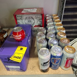 43 X BRAND NEW MIXED ALCOHOL LOT CONTAINING 12 PACK BUDWEISERS , 10 PACK STRONGBOW IN DARK FRUIT CIDER , 8 CANS OF STELLA ARTOIS , FOSTER'S CANS , 4 CARLING CANS , AND ONE BUZZBALL COCKTAIL STRAWBERRY RITA 200ML 13.5%