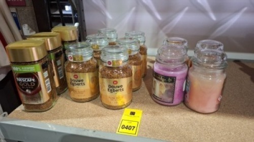 13 X MIXED BRAND NEW LOT CONTAINING 3 YANKEE CANDLES IN CORAL PEONY / SUMMER DAYDREAM / EXOTIC FRUITS AND 1 WOODBRIDGE ANGEL WINGS CANDLE , 6 DOUWE EGBERTS PURE GOLD MEDIUM ROAST COFFEE , 3 NESCAFE GOLD BLEND RICH AROMA &SMOOTH TASTE COFFEE