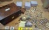 50 X MIXED LOT CONTAINING VARIOUS COLLECTIBLE FORKS SPOONS AND KNIVES AND ONE WOODEN BOX ETC