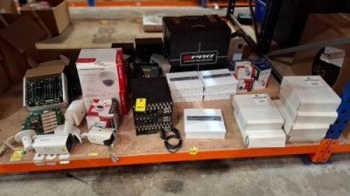 35 X MIXED LOT CONTAINING SPRO IP NETWORK VIDEO RECORDER , TURBO HD DOME CAMERAS , HIKVISION SECURITY CAMERA , CCTV PSU METAL BOX , DA VINCI KEYPAD BOX , PTI CIRCUIT BOARDS , VISTA SMART TRANSMITTERS ETC ON HALF A BAY (NOTE UNKNOWN IF IN WORKING CONDITI
