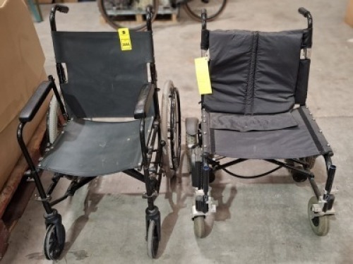 2 X WHEELCHAIRS TO INCLUDE ONE MANUAL WHEELCHAIR AND ONE BATTERY OPERATED WHEEL CHAIR - NO BATTERY (SPARE AND REPAIR)