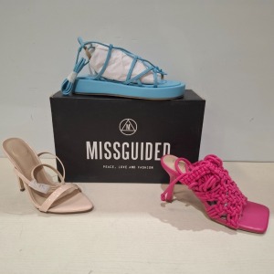 30 X BRAND NEW MIXED MISSGUIDED SHOES CONTAINING MID CLEAR HEEL BLOCK HEEL , CROCHET TIE UP HEELED SANDAL IN HOT PINK , CHUNKY FLATFORM GLADITOR SANDAL IN BLUE , POINTED TOE PATENT BARELY THERE IN NUDE ETC ALL IN SIZE 3