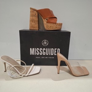 30 X BRAND NEW MIXED MISSGUIDED SHOES CONTAINING BARELY THERE MID HEEL SANDALS IN WHITE , SQUARE TOE PERSPEX HIGH HEEL MULES IN SAND , EXTREME PLATFORM SATIN HEELED SHOE IN BLUE , STRAPPY RING DETAIL HEELED SANDAL IN WHITE ETC ALL IN SIZE 3