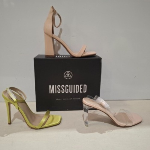 30 X BRAND NEW MIXED MISSGUIDED SHOES CONTAINING MID ILLUSION HEEL CLEAR SANDALS IN CLEAR , HIGH HEEL BLOCK BARELY THERE SANDALS IN SAND , STATIN BARELY THERE HIGH HEEL IN LIME , PERSPEX COURT SHOE IN CLEAR ETC ALL IN SIZE 4