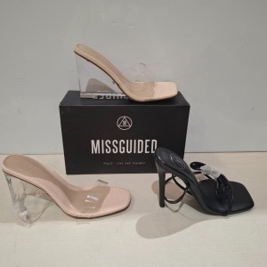 30 X BRAND NEW MIXED MISSGUIDED SHOES CONTAINING MID ILLUSION HEEL CLEAR SANDALS IN CLEAR , PERSPEX SQUARE TOE WEDGE HEEL IN NUDE , SQUARE TOE HIGH HEEL TIE UP SANDALS , BLOCK HEEL TIE UP HEELED SANDALS IN BLACK ETC ALL IN SIZE 4
