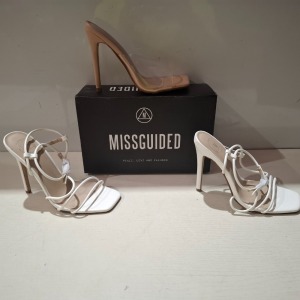 30 X BRAND NEW MIXED MISSGUIDED SHOES CONTAINING POINTED TOE PATENT BARELY THERE IN NUDE , ASSYM STRAPPY HIGH SANDALS IN WHITE , SQUARE TOE PERSPEX HIGH MULES IN SAND ETC ALL IN SIZE 4