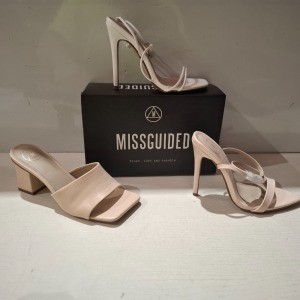 30 X BRAND NEW MIXED MISSGUIDED SHOES CONTAINING ASSYM STRAPPY HIGH HEEL SANDALS IN WHITE , POINTED TOE PATENT BARELY THERE IN NUDE , SQUARE TOE BLOCK HEEL MULE SANDALS ETC ALL IN SIZE 4