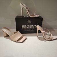 30 X BRAND NEW MIXED MISSGUIDED SHOES CONTAINING ASSYM STRAPPY HIGH HEEL SANDALS IN WHITE , POINTED TOE PATENT BARELY THERE IN NUDE , SQUARE TOE BLOCK HEEL MULE SANDALS ETC ALL IN SIZE 4