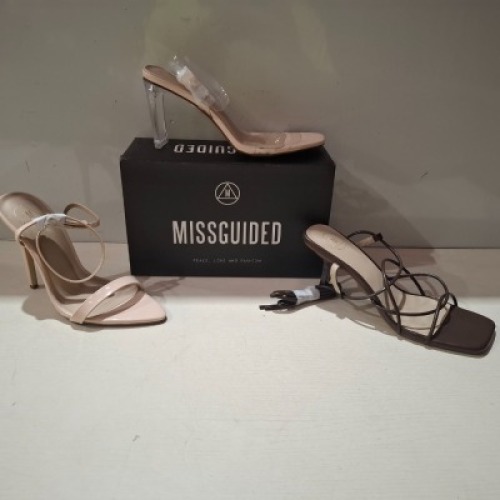 30 X BRAND NEW MIXED MISSGUIDED SHOES CONTAINING MID CLEAR HEEL BLOCK HEEL IN NUDE , MID ILLUSION HEEL CLEAR SANDALS IN CLEAR , BARELY THERE LOW HEEL SANDALS IN WHITE , SQUARE TOE STRAPPY TIE UP MID HEELS IN CHOCOLATE ETC ALL IN SIZE 5