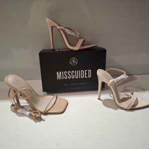 30 X BRAND NEW MIXED MISSGUIDED SHOES CONTAINING POINTED TOE PATENT BARELY THERE IN NUDE , SQUARE TOE HIGH HEEL TIE UP SANDALS IN SAND ETC ALL IN SIZE 5