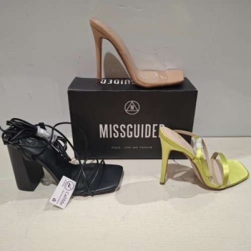 30 X BRAND NEW MIXED MISSGUIDED SHOES CONTAINING POINTED TOE LACE UP BARELY THERE SATIN IN BLACK , BLOCK HEEL TIE UP HEELED SANDALS IN BLACK , BARELY THERE SQUARE TOE HIGH HEELS IN WHITE , SQUARE TOE PERSPEX HIGH HEEL MULES IN SAND ETC ALL IN SIZE 5