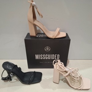 30 X BRAND NEW MIXED MISSGUIDED SHOES CONTAINING HEEL BLOCK BARELY THERE FAUX LEATHER IN BLACK , SQUARE HIGH HEEL TIE UP SANDALS IN BLACK , EXTREME PLATFORM SATIN HEELED SHOE IN BLUE , BARELY THERE SQUARE TOE HIGH HEELS IN BLACK ETC ALL IN SIZE 5