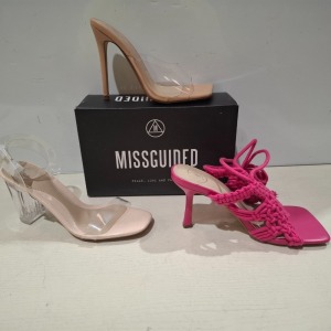 30 X BRAND NEW MIXED MISSGUIDED SHOES CONTAINING MID CLEAR HEEL BLOCK HEEL IN NUDE , POINTED TOE PATENT BARELY THERE IN NUDE , SQUARE TOE PERSPEX HIGH MULES IN SAND , CROCHET TIE UP HEELED SANDAL IN HOT PINK ETC ALL IN SIZE 5