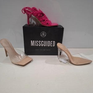30 X BRAND NEW MIXED MISSGUIDED SHOES CONTAINING BLOCK HEEL TIE UP HEELED SANDLS IN CREAM , CROCHET TIE UP HEELED SANDAL IN PINK , PERSPEX COURT SHOE IN CLEAR , SQUARE TOE PERSPEX HIGH HEEL MULES IN SAND ETC ALL IN SIZE 6