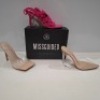 30 X BRAND NEW MIXED MISSGUIDED SHOES CONTAINING BLOCK HEEL TIE UP HEELED SANDLS IN CREAM , CROCHET TIE UP HEELED SANDAL IN PINK , PERSPEX COURT SHOE IN CLEAR , SQUARE TOE PERSPEX HIGH HEEL MULES IN SAND ETC ALL IN SIZE 6