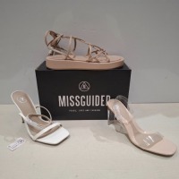 30 X BRAND NEW MIXED MISSGUIDED SHOES CONTAINING MID ILLUSION HEEL CLEAR SANDALS IN CLEAR , SQUARE TOE BLOCK HEEL MULE SANDALS IN SAND , BARELY THERE SQUARE TOE HIGH HEELS IN WHITE , CHUNKY FLATFORM GLADIATOR SANDAL IN SAND ETC ALL IN SIZE 6