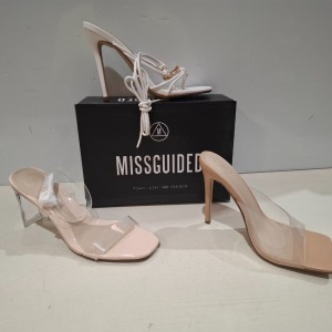 30 X BRAND NEW MIXED MISSGUIDED SHOES CONTAINING SQUARE TOE HIGH HEEL TIE UP SANDALS IN BLACK , BASIC BARELY THERE IN BLACK , WF BARELY THERE MID HEEL SANDALS IN WHITE ETC ALL IN SIZE 5