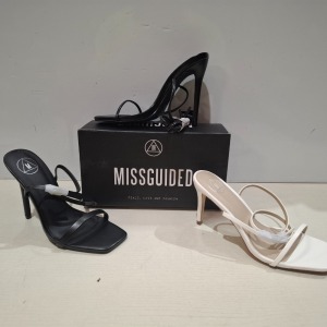 30 X BRAND NEW MIXED MISSGUIDED SHOES CONTAINING PERSPEX COURT SHOE IN CLEAR , MID HEEL BLOCK BARELY THERE IN SAND , BLOCK HEEL TIE UP HEELED SANDALS IN CREAM ETC ALL IN SIZE 6